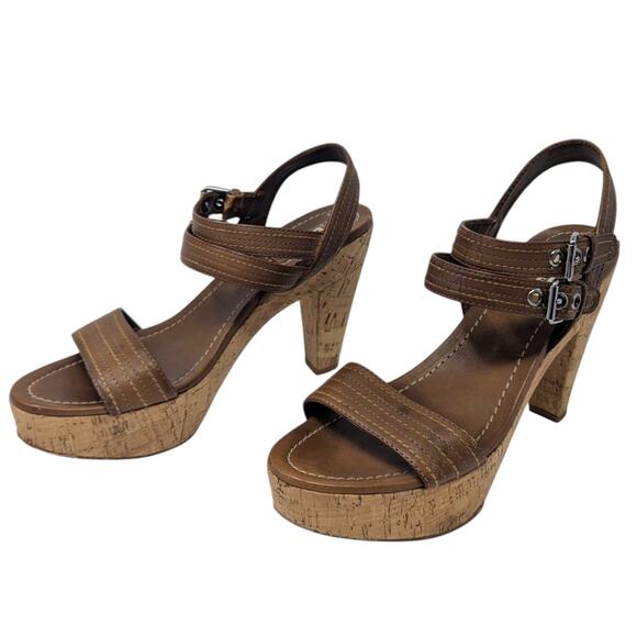 Miu Miu Brown Cork Platform Sandals Double Buckle Heels Size 41 - Picture 4 of 6